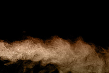 Sand dust, desert dust smoke texture, flying soil particles, abstract fine sand clouds, brown dust wave effect, brown dust blowing effect, isolated on black background.