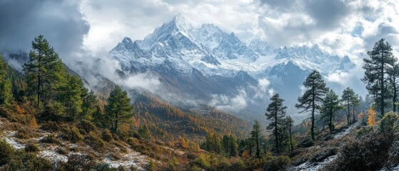 Snow-capped mountains rise majestically amidst coniferous trees and autumn foliage under a foggy, overcast sky, showcasing scenic beauty.