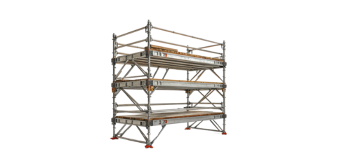 Three-Tier Metal Scaffolding Structure For Construction Projects. Industrial Equipment For Building Support Isolated On Transparent Background