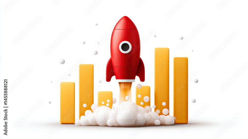 Fototapete a vibrant red rocket ship blasts upward from rising yellow graph bars in a dynamic display of busine