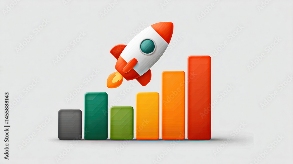 Poster A stylized rocket ship launches upwards from a colorful bar graph illustrating growth and achievement on a neutral background indicating success.