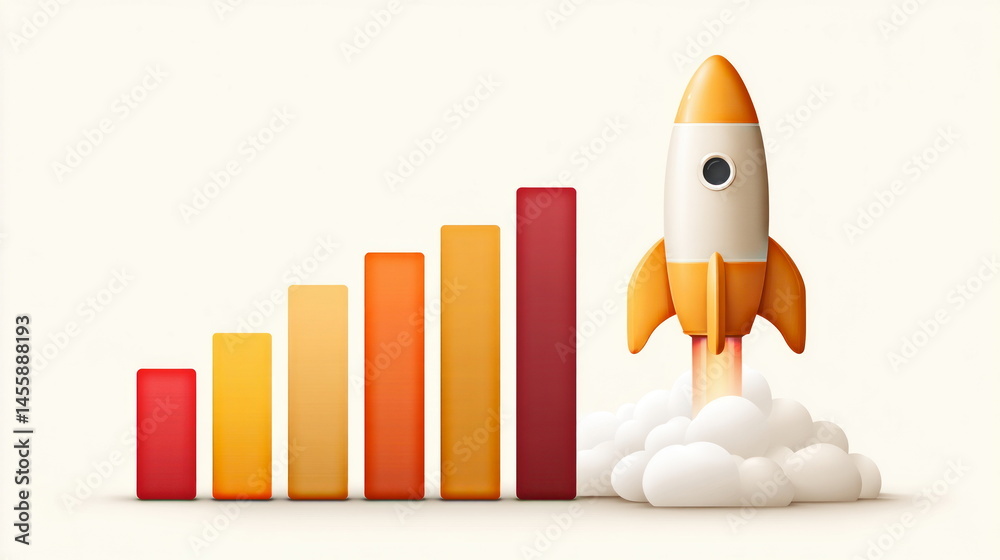 Aufkleber A stylized rocket ship launching upward beside a vibrant ascending bar graph illustrates business growth and project success dynamically.