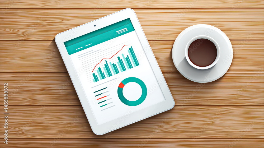 Aufkleber Tablet displaying financial data charts alongside a cup of coffee on a wooden desk showcasing modern business analysis and technology.