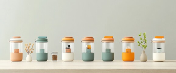 Modern, colorful, clear glass storage containers, various sizes and colors, with visible contents