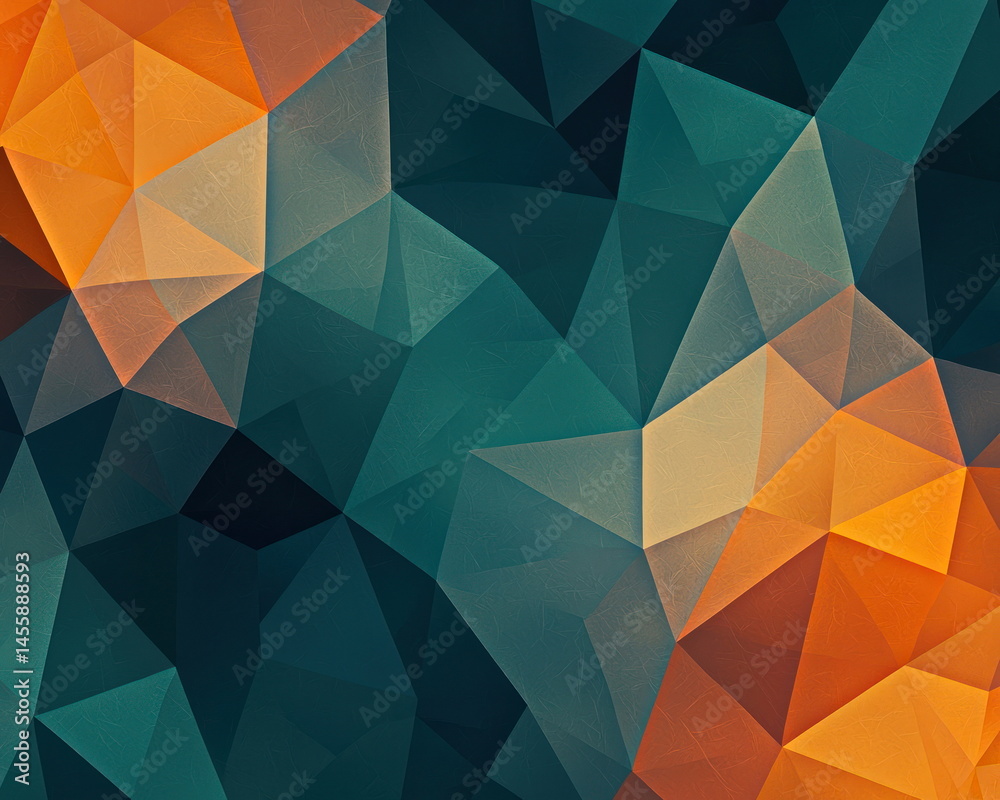 Aufkleber Abstract geometric background with teal and orange triangles creating a modern and visually interesting polygonal mosaic texture design.