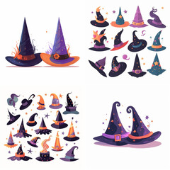 Collection of colorful witch hats in various styles and designs.
