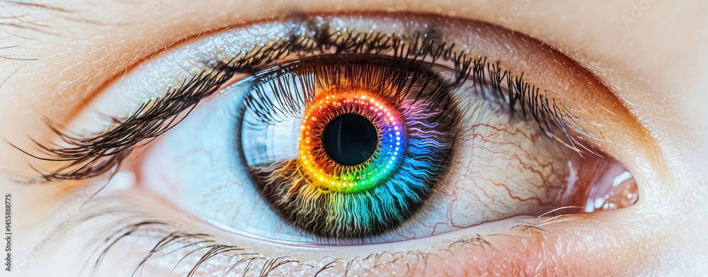 Poster a striking close-up reveals a human eye with an iris vividly displaying a spectrum of vibrant rainbo