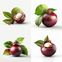 Digital renderings of tropical fruit with leaves.