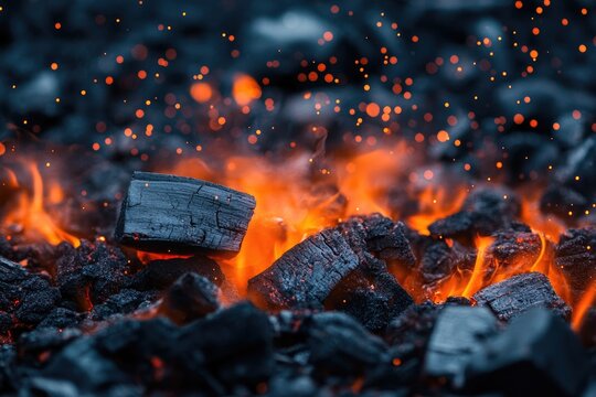 Charcoal embers blaze with intense heat, sparks flying.  Close-up view of hot coals