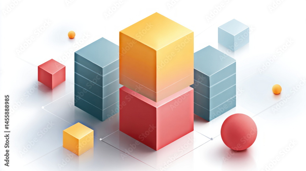 Aufkleber An isometric illustration shows colorful cubes and spheres forming a geometric abstract design for presentation backgrounds and modern concepts.