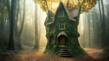 Fototapeta premium Enchanted forest home dreamy nature scene whimsical dwelling overgrown cabin woodland sanctuary fairytale architecture idyllic