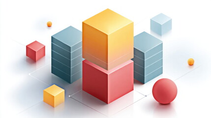 Fototapeta premium An isometric illustration shows colorful cubes and spheres forming a geometric abstract design for presentation backgrounds and modern concepts.