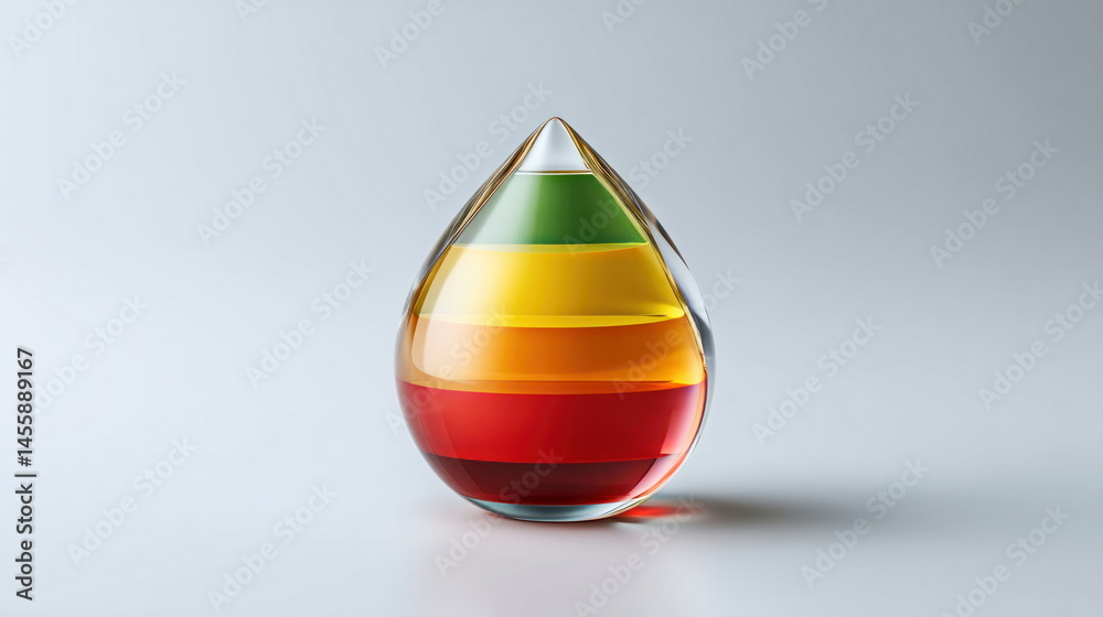 Poster a teardrop shaped glass object with stacked layers of red, orange, yellow, and green liquid is isola