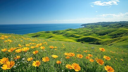 Fototapeta premium Lush, rolling hills meet a vibrant ocean under a sunny sky, dotted with wildflowers