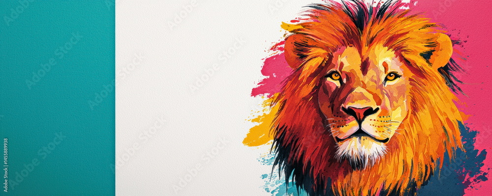 Poster vivid digital painting shows a majestic lion with a colorful mane against a modern teal white and pi