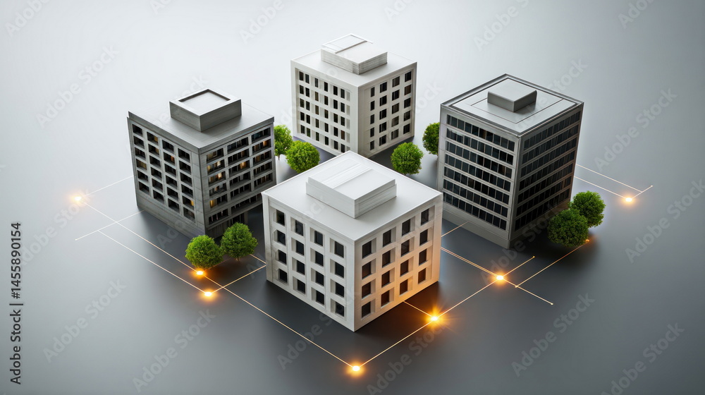 Leinwandbilder Four minimalist building models connected by glowing lines are surrounded by small trees on a neutral gray surface showcasing urbanization.