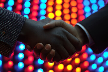 Handshake symbolizes trust and innovation, set against vibrant backdrop of colorful lights. This captures essence of collaboration and partnership