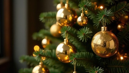 Fototapeta premium Elegant gold Christmas tree adorned with gleaming chrome ornaments , glitter, winter decor