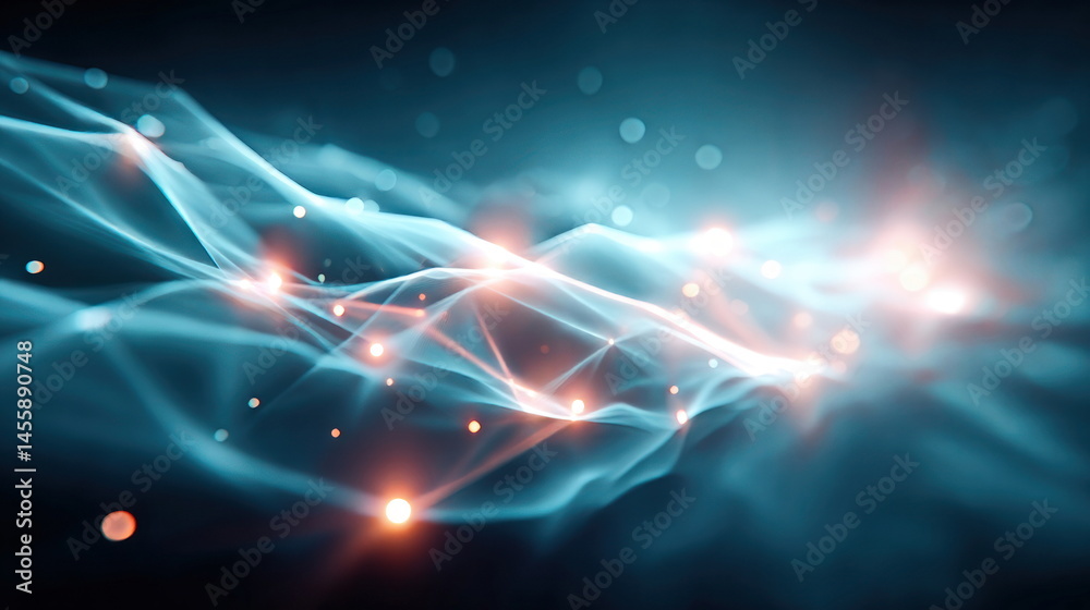 Poster abstract blue wavy light streaks interconnect with glowing orange dots creating a futuristic and eth