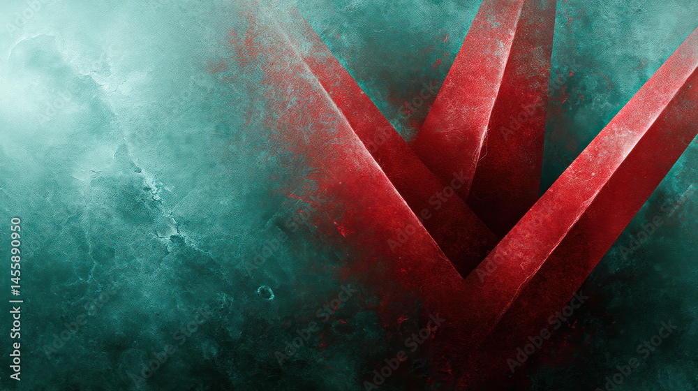 Aufkleber Abstract red geometrical shapes emerging from teal textured background to create a visually interesting modern artwork for backgrounds usage.