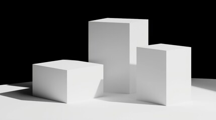 Fototapeta premium Three white cubes of varying heights stand on a white surface against a black background.