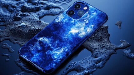 Blue marble smartphone case in water droplets dark blue background
