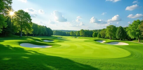 Scenic golf course with lush green fairways and bunkers , activity, challenge