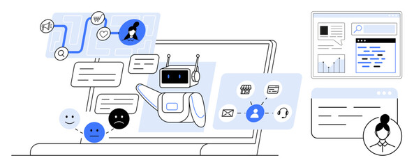 AI chatbot exchanging messages, managing user feedback, and streamlining tasks. Ideal for customer support, automation, AI communication, user management, tech services, branding simple landing page