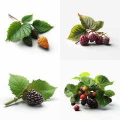 Four varieties of berries displayed on a white background.