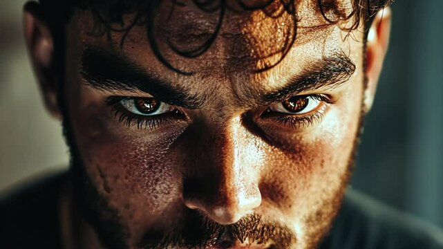 Intense focused man with determined gaze in dramatic closeup sequence