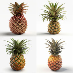 Four digital illustrations of pineapples in various hues.