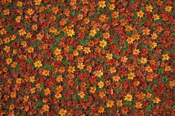 Autumn leaves blanket flowerbed soil, rich earth tones , season, september