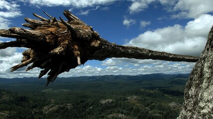 Fototapeta premium Surreal landscape with enigmatic organic shape soaring over a lush forest and towering rock formation against a vibrant sky
