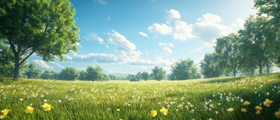 Fototapeta premium Grassland thrives under sunny sky, showcasing idyllic scenery with wildflowers and lush greenery.