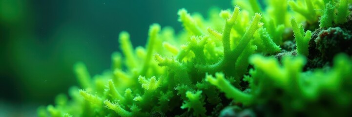 Fototapeta premium Close-up vibrant green algae on aquarium glass, green algae, aquatic life, organic