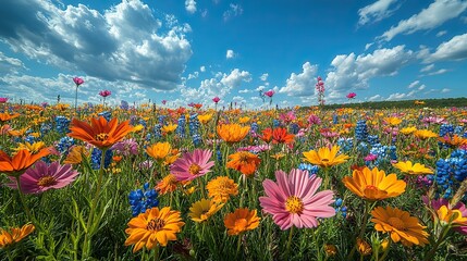 Azure skies stretch above a field of blooming wildflowers, their vibrant colors a feast for the eyes.