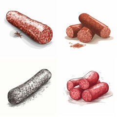 Four illustrations of different types of cured sausage.