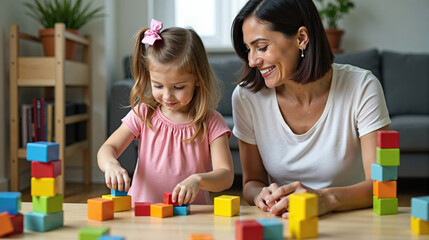 Mother and Daughter Playing with Colorful Blocks Together