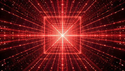 Red Energy Cube Abstract 3D Digital Art, Glowing Lines and Particles, Futuristic Tunnel, Sci-Fi Background