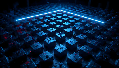 Obraz premium Abstract Digital Art Neon Blue Lines Illuminating a Grid of Dark Cubes, Sci-Fi Cyberpunk Style 3D Render