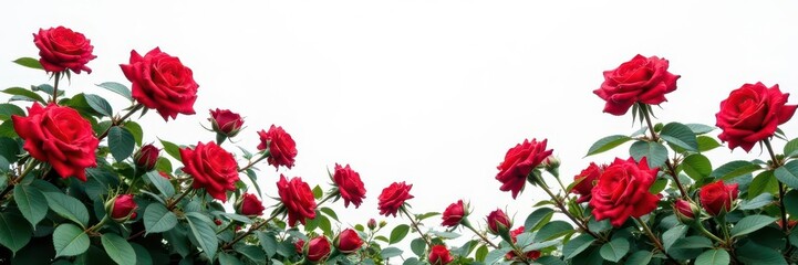 Obraz premium Lush red rose bushes in full bloom against a pure white background , texture, flowers, roses