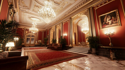 Fototapeta premium Luxurious, opulent grand hall with red walls, ornate gold trim, and crystal chandeliers. Large marble flooring, plush seating, and potted plants