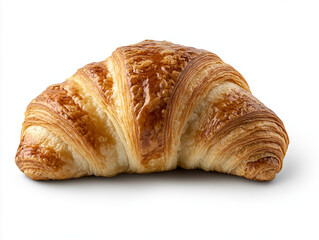 Fresh croissant with flaky layers, isolated on white background, side view with shadows. 