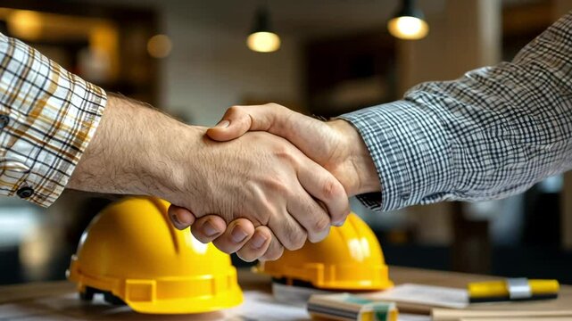 Professionals shake hands to finalize agreement at construction site with safety helmets