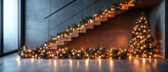 Decorated staircase showcases Christmas garland and Christmas tree with shiny baubles in modern interior, radiating festive glow.