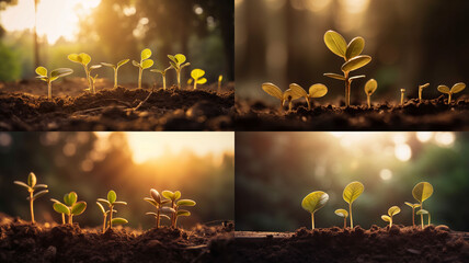 Four panels depicting young seedlings emerging from fertile earth at sunrise.