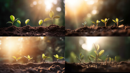 Four panels of young plants emerging from soil, bathed in sunlight.