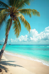 Palm tree on tropical beach with blue sky and white clouds abstract background. Copy space of summer vacation and business travel concept. Vintage tone filter effect color style.