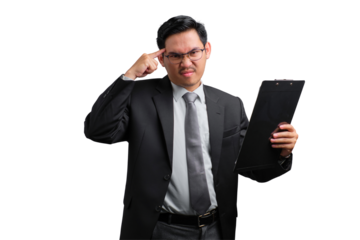 Handsome Asian businessman in suit thinking while holding clipboard, isolated on transparent background