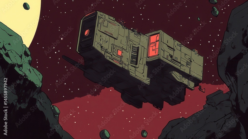 Fototapete retro pixel art spacecraft exploration in asteroid field with distant sun in sci-fi pixelated style 
